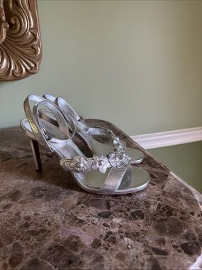Michael Kors Silver Floral Ankle Strap Heels